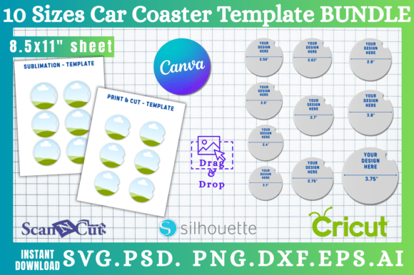 10pc Car Coaster Canva Template BUNDLE